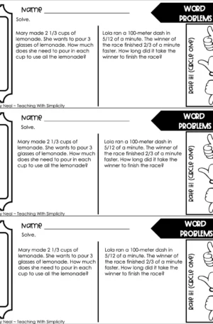 5th Grade Fractions – Word Problems Exit Ticket 2