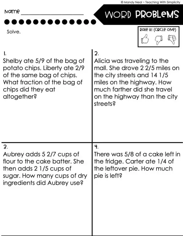 5th Grade Fractions – Word Problems Worksheet 1