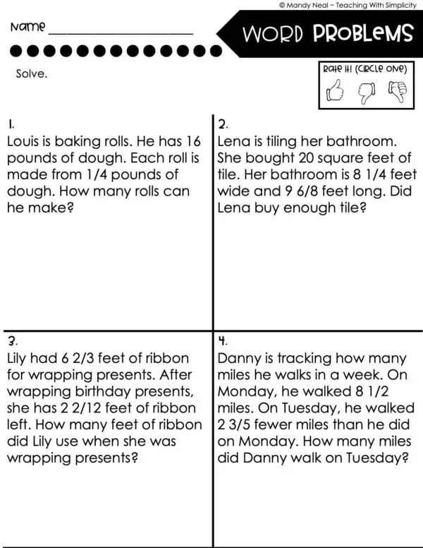 5th Grade Fractions – Word Problems Worksheet 2