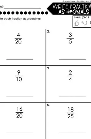 5th Grade Fractions – Write Fractions as Decimals Worksheet 1