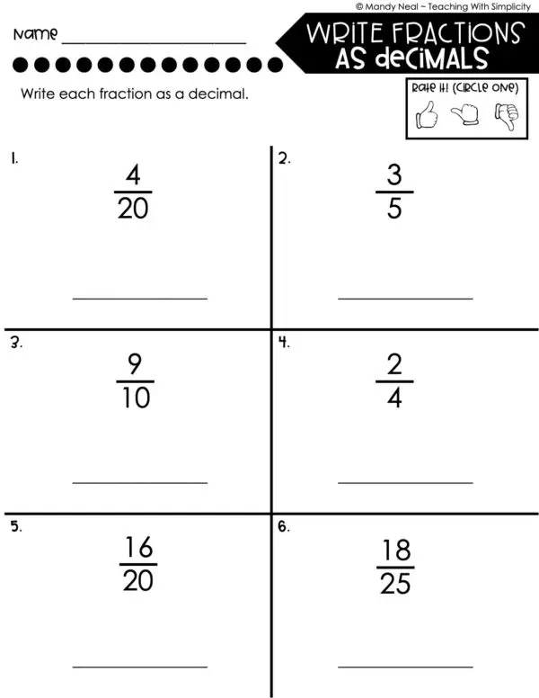 5th Grade Fractions – Write Fractions as Decimals Worksheet 1