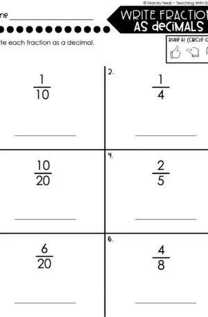 5th Grade Fractions – Write Fractions as Decimals Worksheet 2