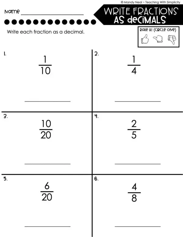 5th Grade Fractions – Write Fractions as Decimals Worksheet 2