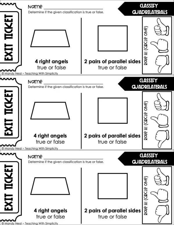 5th Grade Geometry – Classify Quadrilaterals Exit Ticket 1