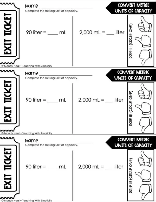 5th Grade Measurement – Convert Metric Units of Capacity Exit Ticket 1