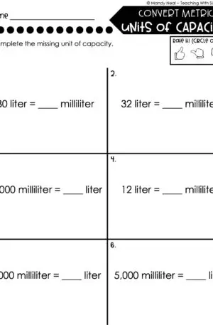 5th Grade Measurement – Convert Metric Units of Capacity Worksheet 1