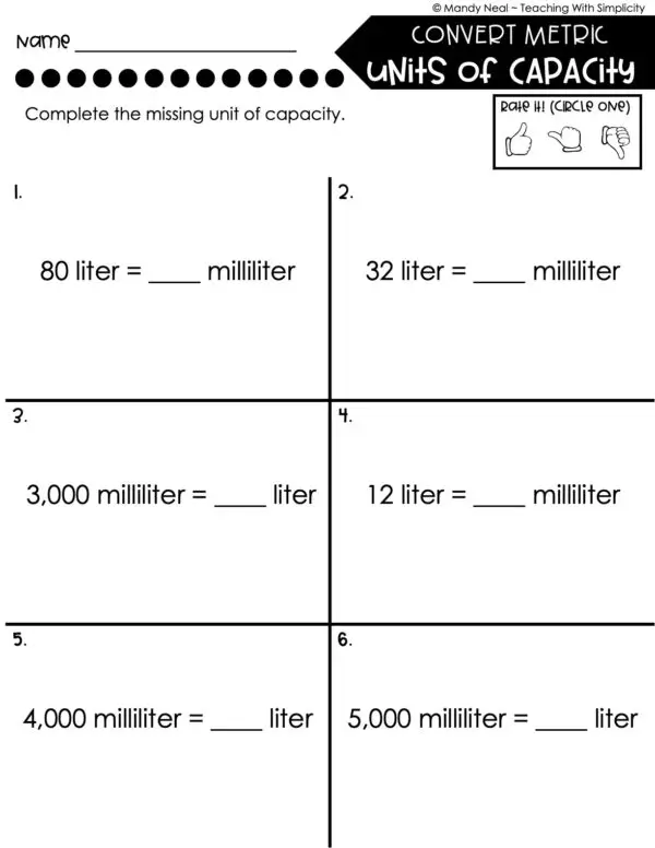 5th Grade Measurement – Convert Metric Units of Capacity Worksheet 1