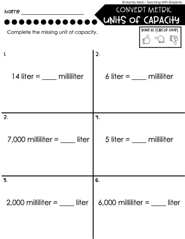 5th Grade Measurement – Convert Metric Units of Capacity Worksheet 2