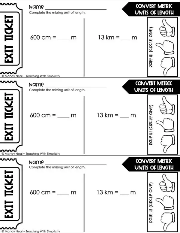 5th Grade Measurement – Convert Metric Units of Length Exit Ticket 1