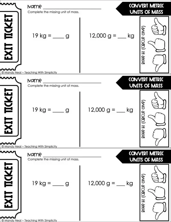 5th Grade Measurement – Convert Metric Units of Mass Exit Ticket 1