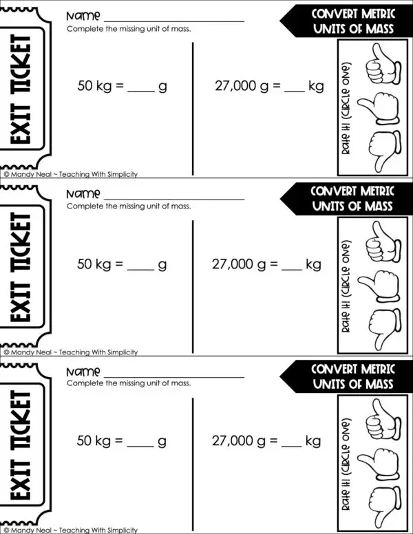 5th Grade Measurement – Convert Metric Units of Mass Exit Ticket 2