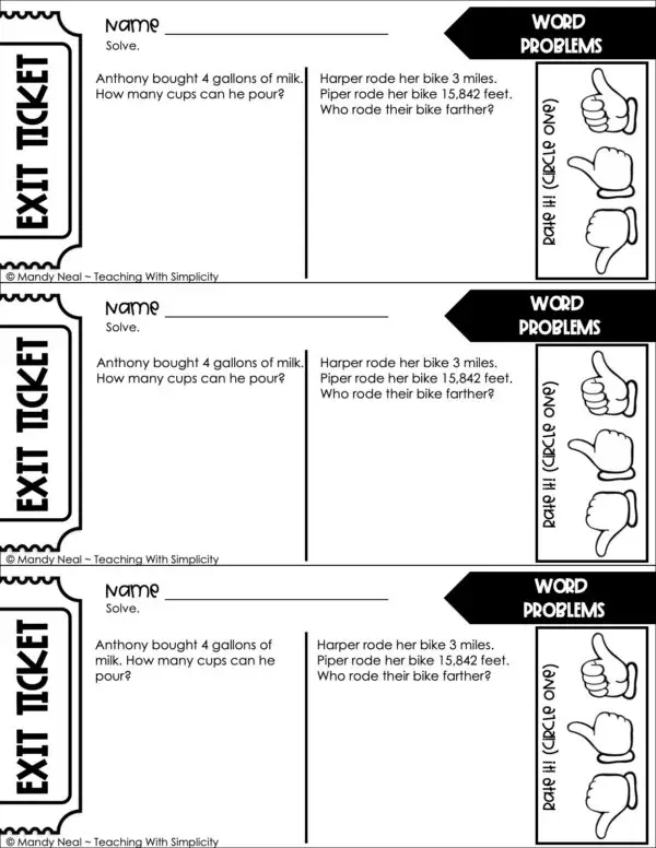 5th Grade Measurement – Word Problems Exit Ticket 1