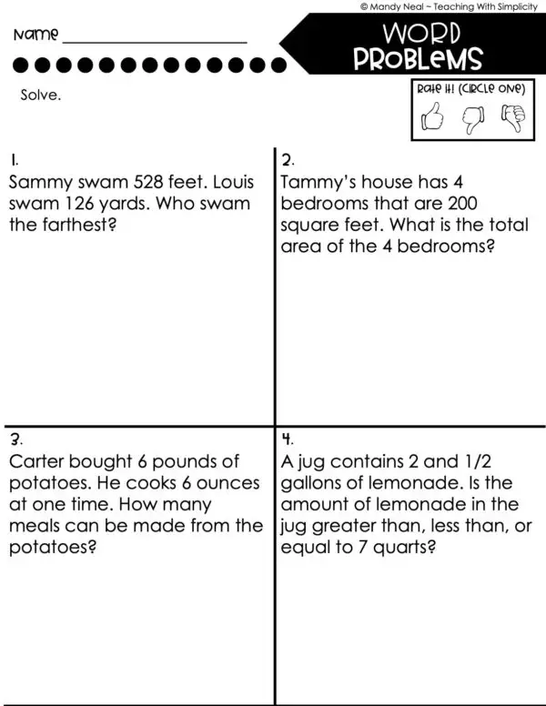 5th Grade Measurement – Word Problems Worksheet 1