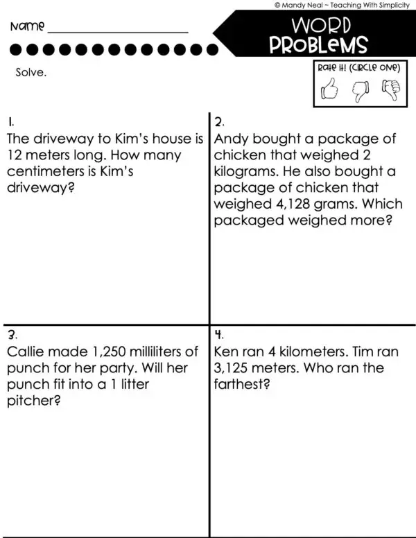 5th Grade Measurement – Word Problems Worksheet 2