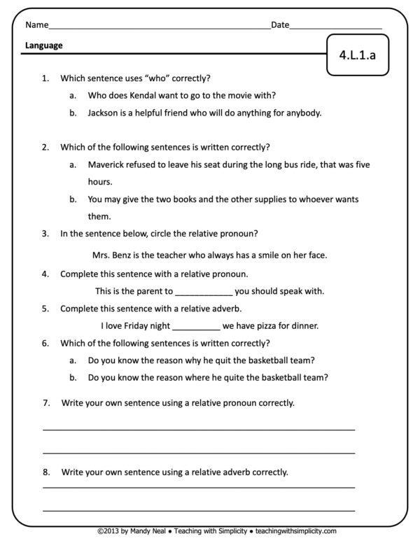 4th Grade ELA Assessment 19 (4.L.1.a)