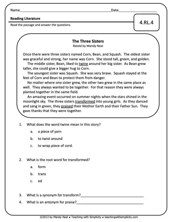 4th Grade ELA Assessment 3 (4.RL.4)