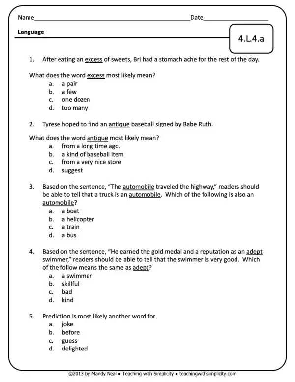 4th Grade ELA Assessment 30 (4.L.4.a)