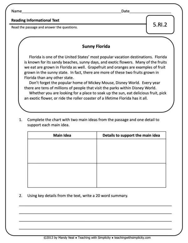 5th Grade ELA Assessment 10 (5.RI.2)