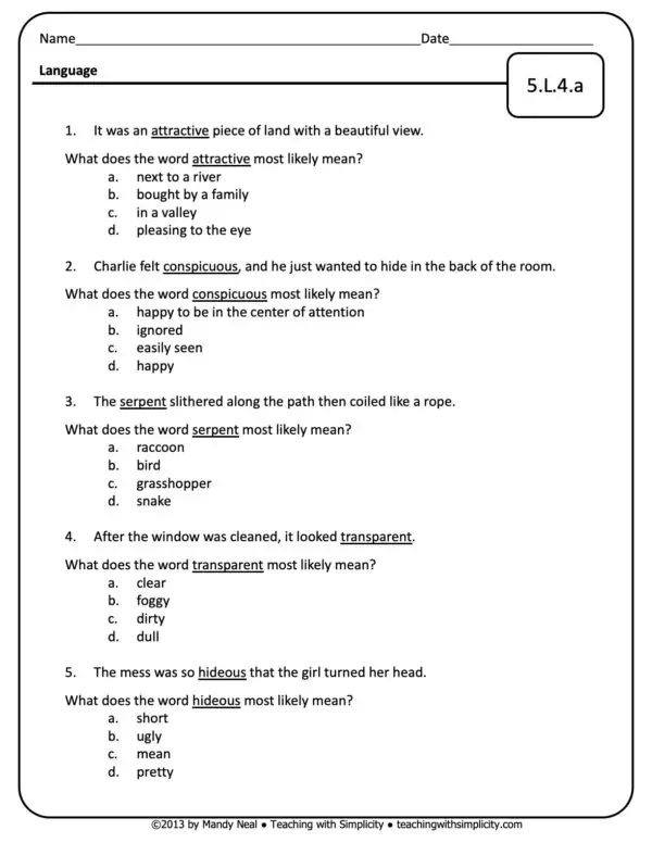 5th Grade ELA Assessment 32 (5.L.4.a)