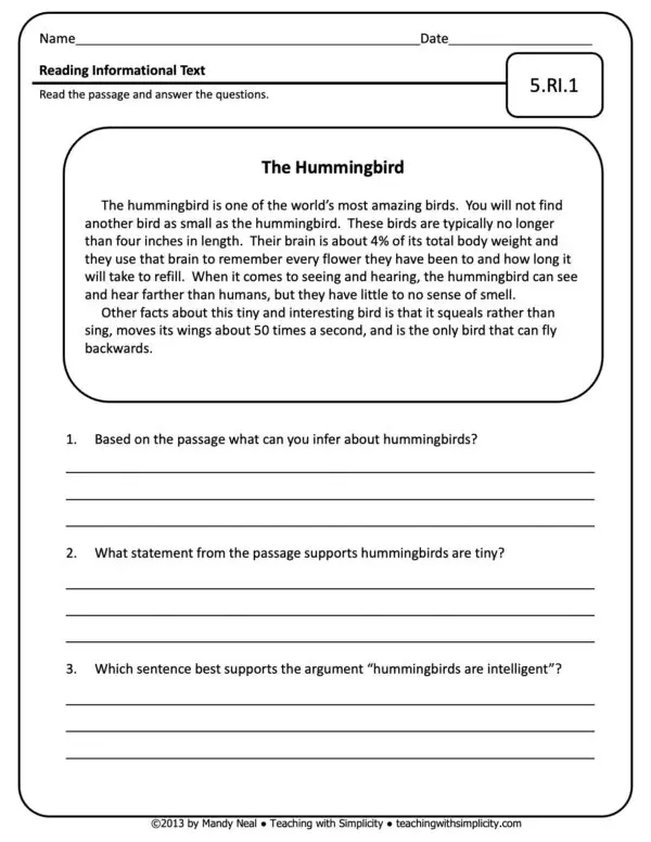 5th Grade ELA Assessment 9 (5.RI.1)