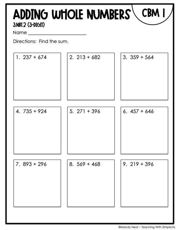 3rd Grade Adding 3-Digit Whole Numbers Intervention Assessment 1