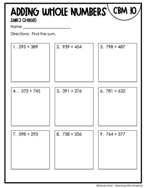 3rd Grade Adding 3-Digit Whole Numbers Intervention Assessment 10