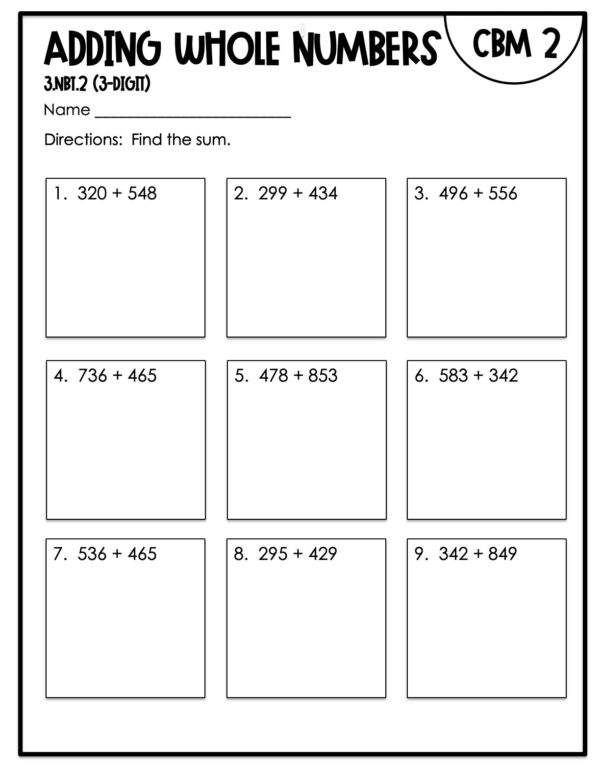 3rd Grade Adding 3-Digit Whole Numbers Intervention Assessment 2