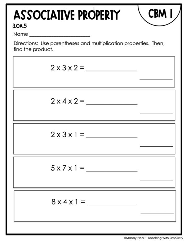 3rd Grade Associative Property Intervention Assessment 1