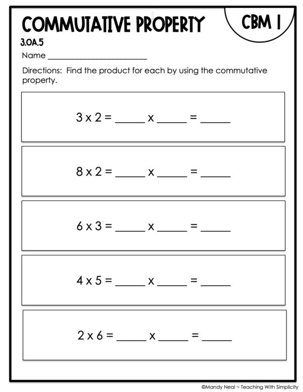 3rd Grade Commutative Property Intervention Assessment 1