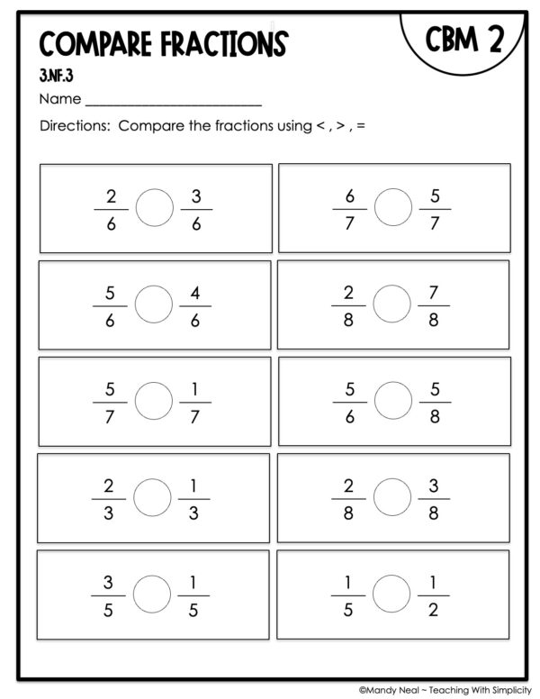 3rd Grade Compare Fractions Intervention Assessment 2