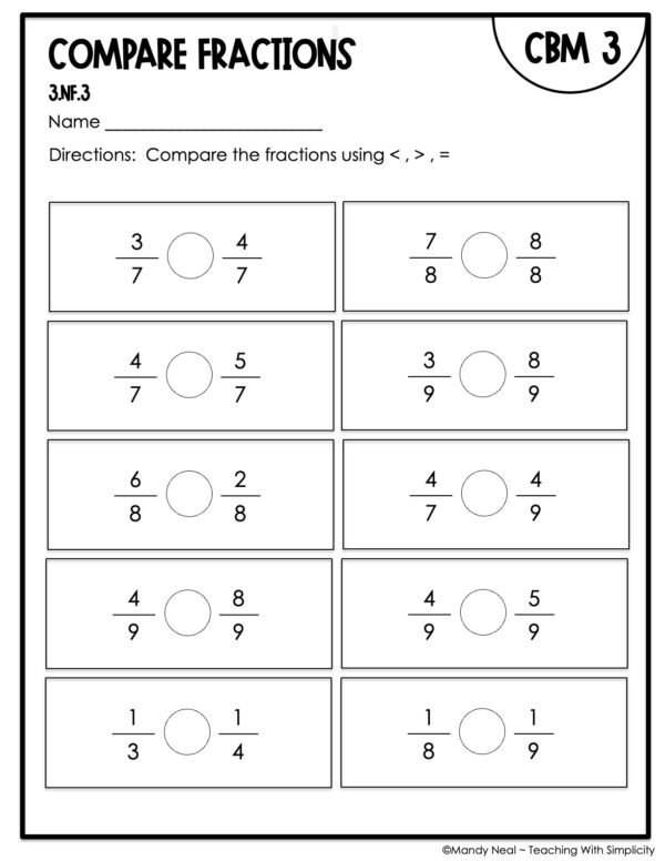 3rd Grade Compare Fractions Intervention Assessment 3