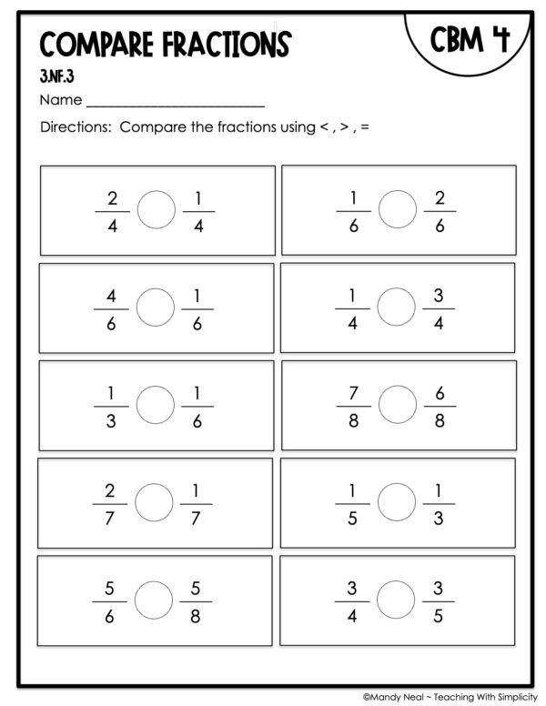 3rd Grade Compare Fractions Intervention Assessment 4