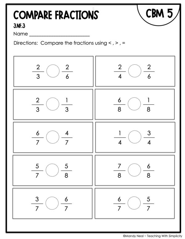 3rd Grade Compare Fractions Intervention Assessment 5