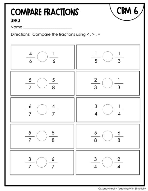 3rd Grade Compare Fractions Intervention Assessment 6