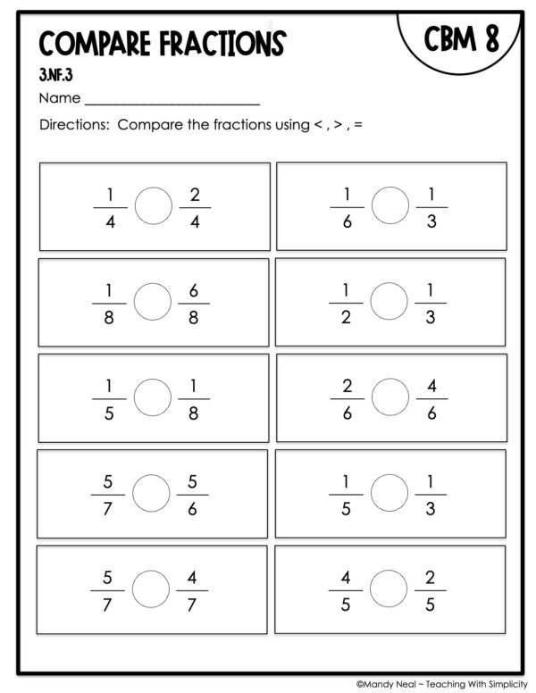 3rd Grade Compare Fractions Intervention Assessment 8