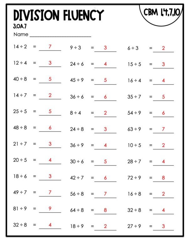 3rd Grade Division Fluency Intervention Assessment Answer Key