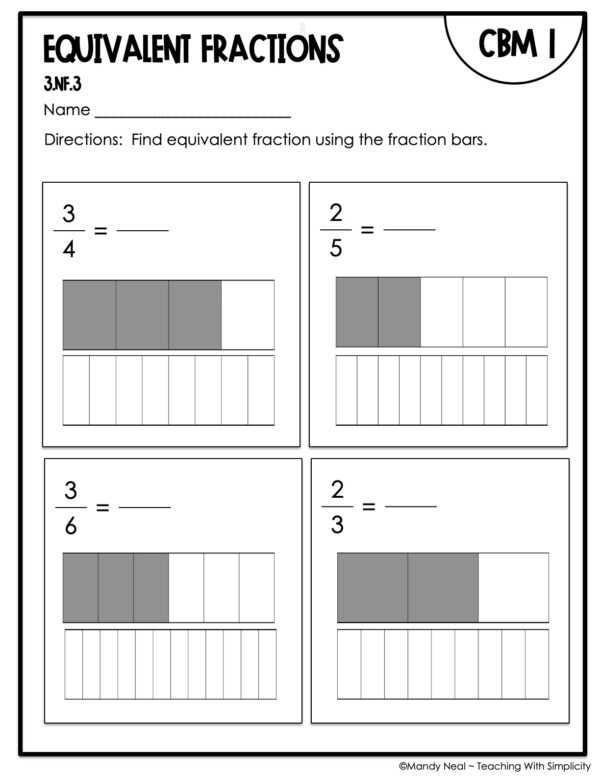 3rd Grade Equivalent Fractions Intervention Assessment 1