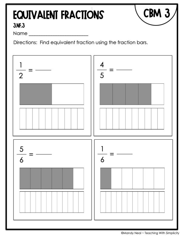 3rd Grade Equivalent Fractions Intervention Assessment 3