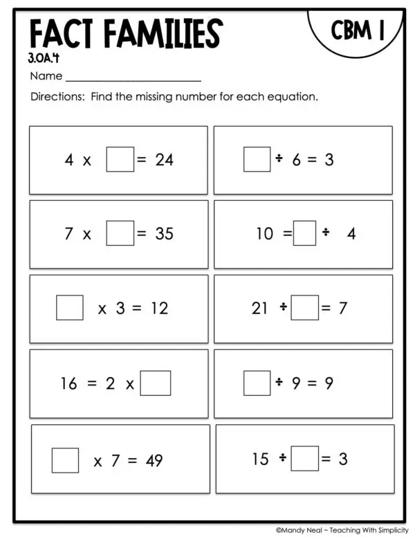 3rd Grade Fact Families Intervention Assessment 1