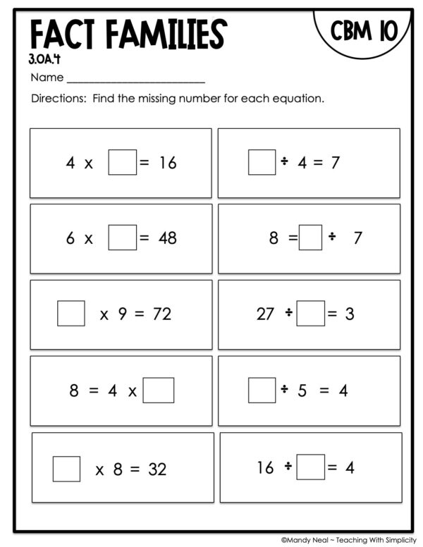 3rd Grade Fact Families Intervention Assessment 10