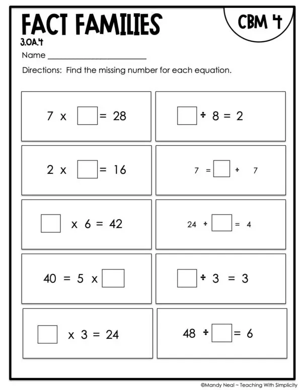 3rd Grade Fact Families Intervention Assessment 4