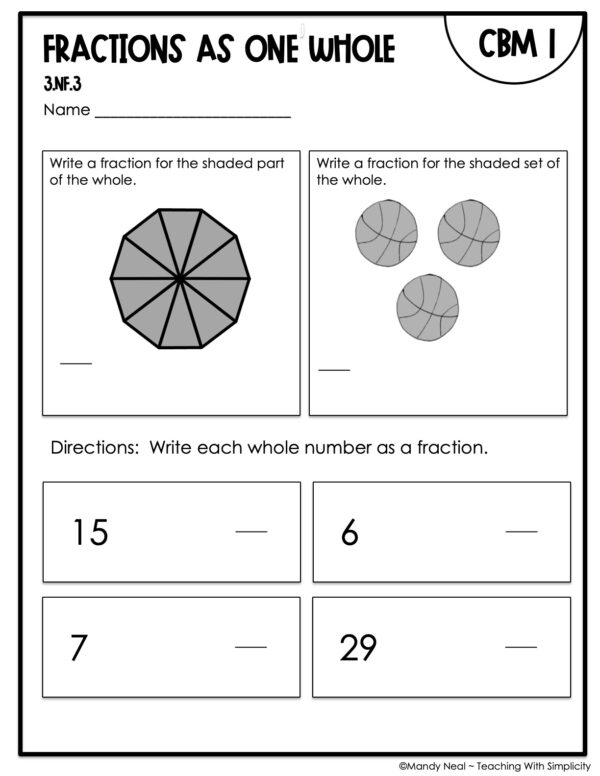 3rd Grade Fractions as One Whole Intervention Assessment 1