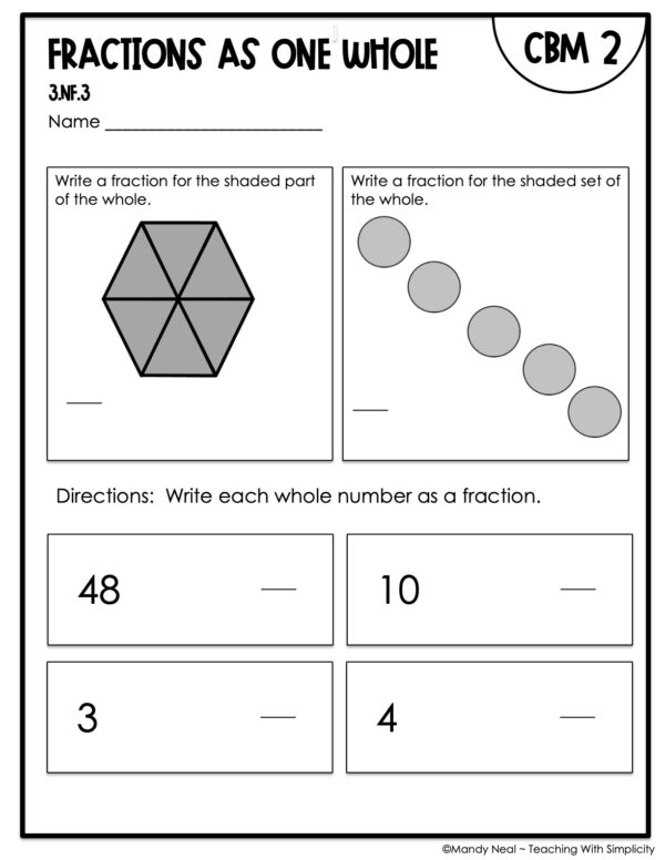 3rd Grade Fractions as One Whole Intervention Assessment 2