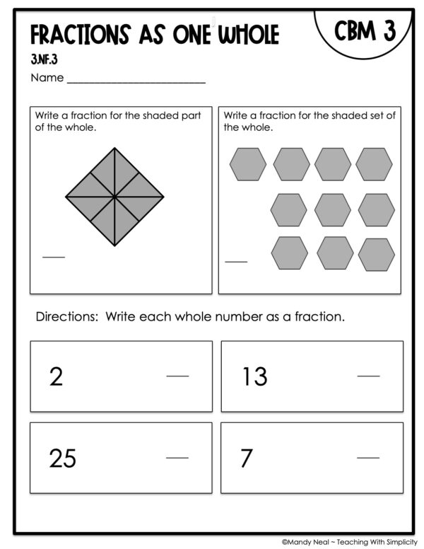 3rd Grade Fractions as One Whole Intervention Assessment 3