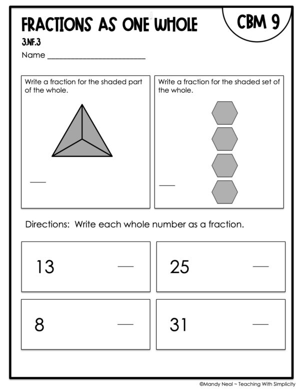 3rd Grade Fractions as One Whole Intervention Assessment 9