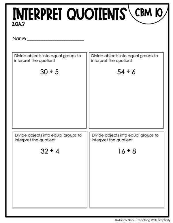 3rd Grade Interpret Quotients Intervention Assessment 10