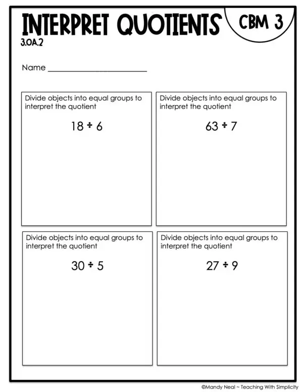 3rd Grade Interpret Quotients Intervention Assessment 3