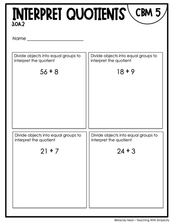 3rd Grade Interpret Quotients Intervention Assessment 5