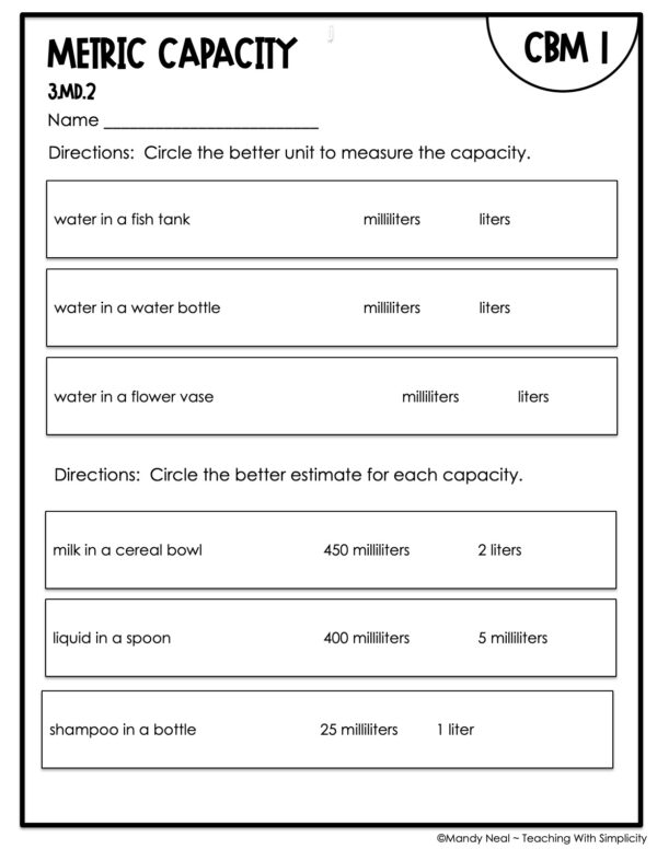 3rd Grade Metric Capacity Intervention Assessment 1