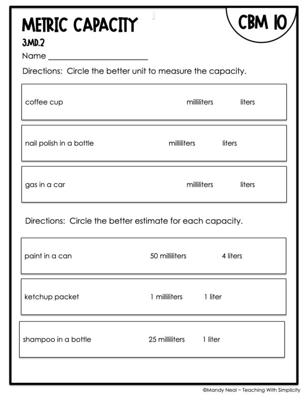 3rd Grade Metric Capacity Intervention Assessment 10